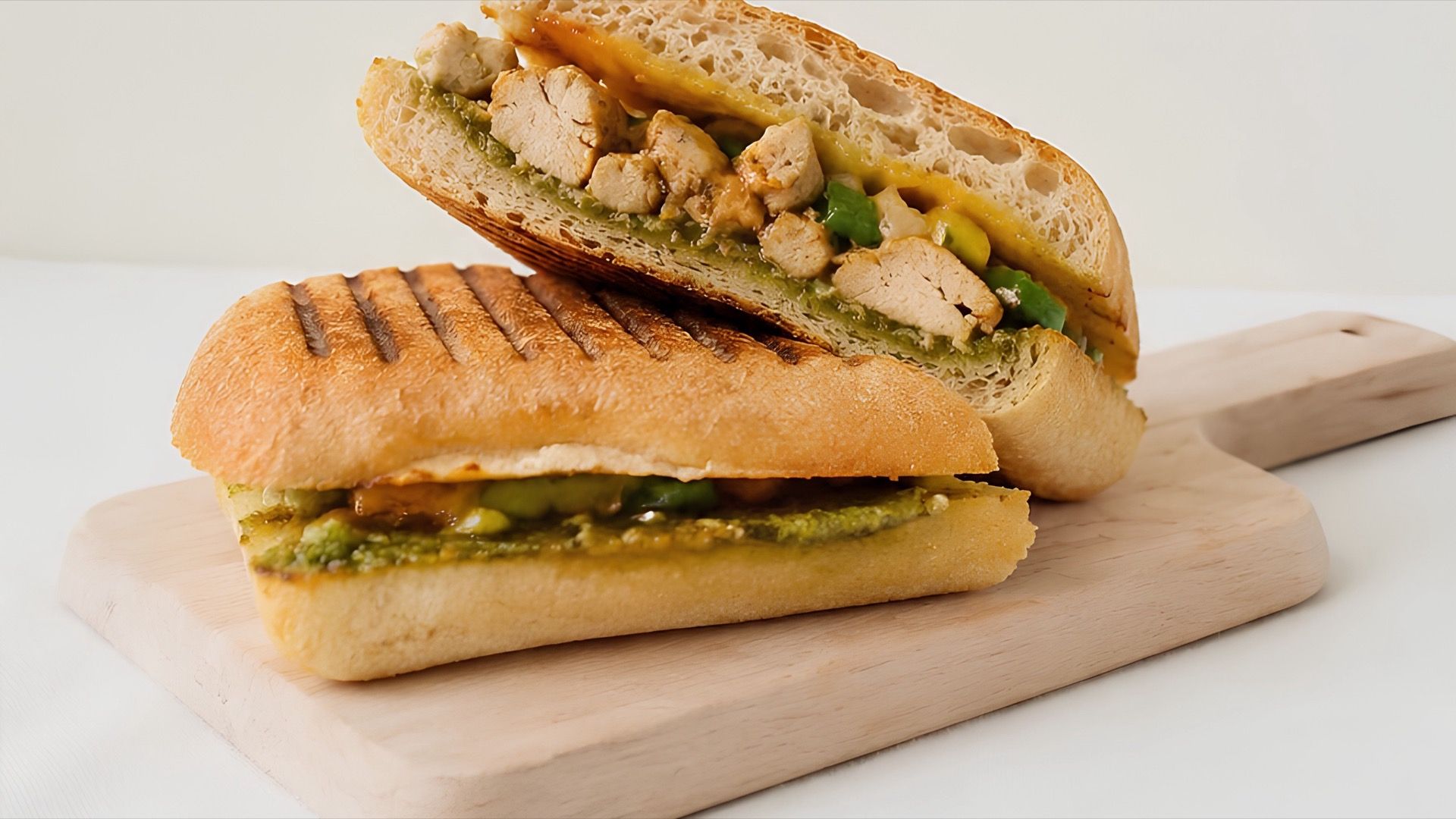 A chicken panini, pressed and halved on a wooden board